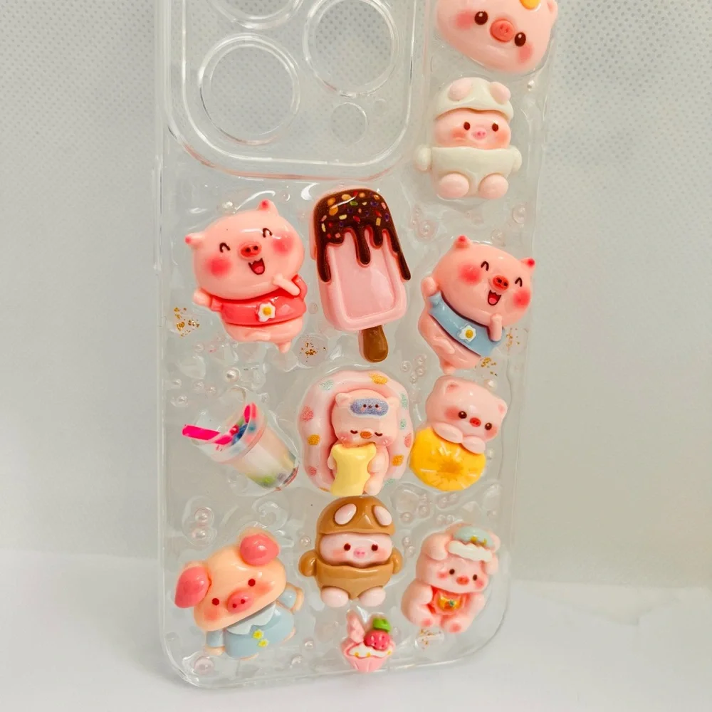 Cute Kawaii Pig 3D Decoden Clear Phone Case - Pink Accents Handmade